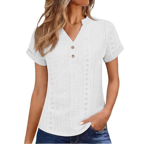 ZTFYKLIN Camisa Mujer Tops De con Bordado Ojales, Ropa Moda Verano Y Primavera para Salir 2024, Camisetas Casuales Manga Corta. (White, S) Larga Blusas Blancas Camiseta Negra Blanca Elegantes