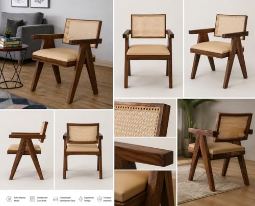 Image of Solid Wood Arm Chair with Cushion and Cane Back Support Chair Living Room Bedroom Home Wooden Armchair Furniture Garden Balcony Outdoor & Indoor (Honey Finish)