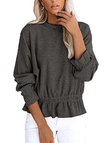 Women Ruffle Tops Elastic Waist Sweatshirt Waffle Knit Casual Blouses Dark Grey L