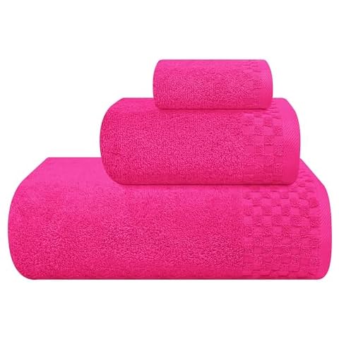MyOwn Ultra Soft 3 Pack Cotton Towel Set, Contains a Bath Towels 28x55 inch, a Hand Towels 16x24 inch & a Wash Coths 12x12 inch, Ideal Everyday use, Compact & Lightweight - Hot Pink Cover
