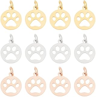 UNICRAFTALE 12pcs 3 Colors Flat Round with Dog Paw Prints Charms Metal Hypoallergenic Hollow Pendants Stainless Steel Pendants for Jewelry Making 4mm Hole