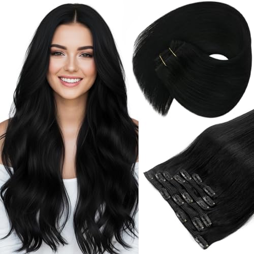 Sunny Hair Clip in Hair Extensions Straight Human Hair Clip in Extensions Remy Clip in Hair Extensions Real Human Hair Extensions Clip ins Full Head Jet Black for Women 28inch