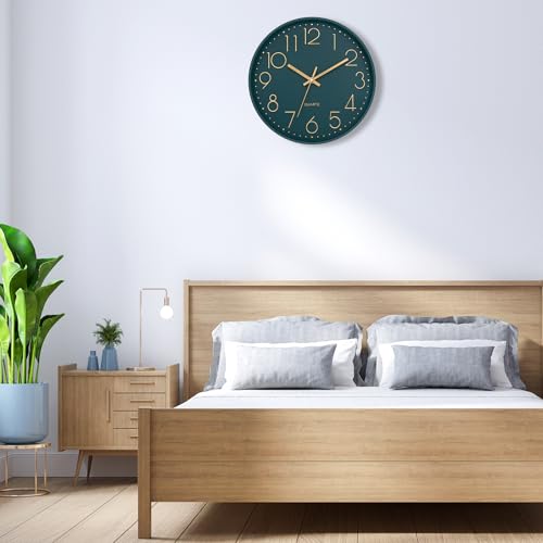 Image of Lumuasky Wall Clock,Battery Operated Modern Analog Silent Non-Ticking Decorative Emerald Clock for School Office Classroom Bedroom Kitchen Living Room Nursery Decor (12 inch)