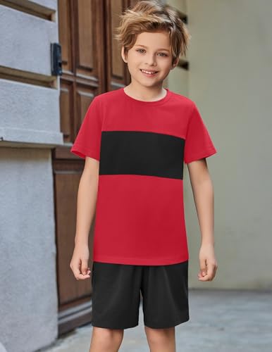 Image of Arshiner Boys' 2-Piece Cotton Outfit Color Block T-Shirt and Shorts Set Summer Camo Clothes for Kids 5-14 Years