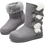 Eydram Women Winter Boots Fur Lined Fashion Mid Calf Boots for Women Warm Fuzzy Boots Comfortable Black Womens Snow Boots with Bowknot(Grey US8)