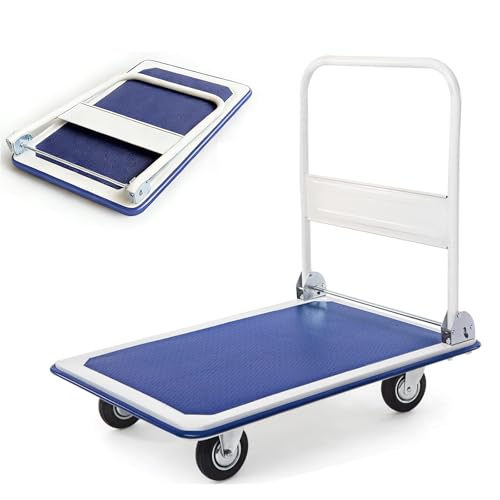 RELAX4LIFE Chariot de Transport Pliable en Fer Charge 300KG avec Plateau Antidérapant, Chariot Design Compact à 4 roulettes en PU, 60 x 90 x 88 cm pour Déménagement Logistique Manutention Silencieuse