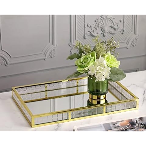 KEZNGUU Acrylic Tray,14" Serving Tray Decorative with Mirror Bottom,Contemporary Perfume Trays for Dresser,Gold Vanity Tray for Bathroom,Living Room,Bedroom,Ottoman,Nightstand,Office-Clear Cover