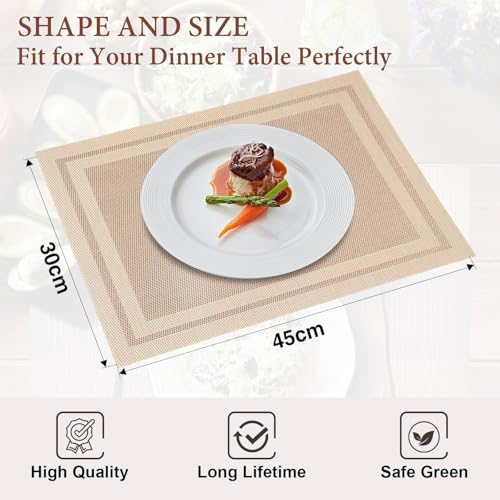 Guess Set di 8 Tovagliette Americane Lavabile, Tovagliette Colazione in 70% PVC e 30% Poliestere, Plastica Tovaglietta Americana Antiscivolo e Resistente Calore per Cucina Ristoranti(45x30cm, Beige) - immagine 4