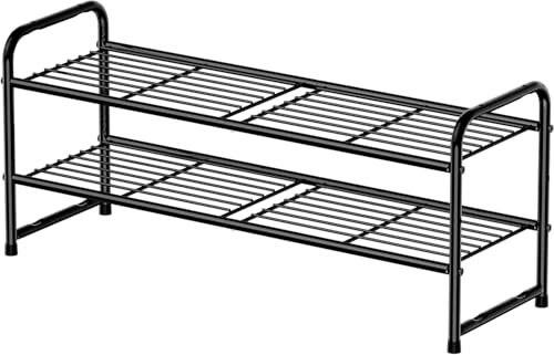 Image of Standard Shoe Rack 2-Tier 32.5 Inches Wide, Free Standing Shoe Organizer for Indoor Outdoor | Adjustable Heavy-Duty Metal Shelf Ideal for Home Entryway Closet & Garage Balcony | Black