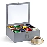 Rae Dunn Tea Bag Organizer - Tea Box Divided Storage Container Box with Hinge Lid for Kitchen Cabinet, Countertop, Pantry, Hold Coffee Pods, Seasoning Packets, Condiments, Grey