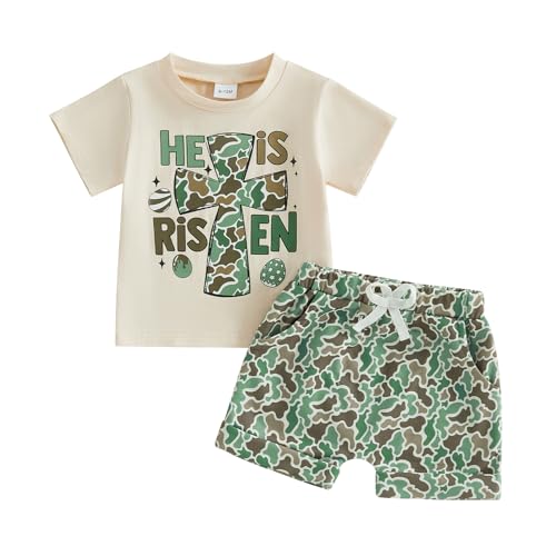 Image of Toddler Boy Easter Outfit Letter Cross Short Sleeve T Shirt Camouflage Shorts Set 2T 3T 4T 5T Summer Outfits