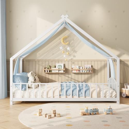 Image of Garvee Twin Size House Shape Bed Frame with Rail, White