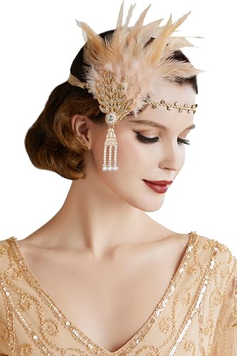 BABEYOND Art Deco 1920's Flapper Great Gatsby Inspired Leaf Medallion Pearl Headband Black Feather