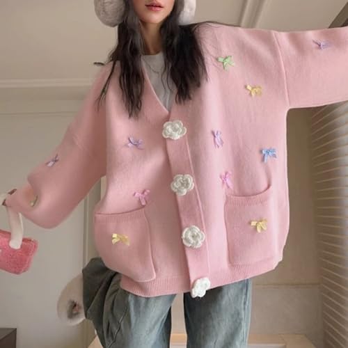 Xunger Women’s Bow Sweater Cardigan Oversized Floral Button Long Sleeve Knit Sweater Coat with Pockets2