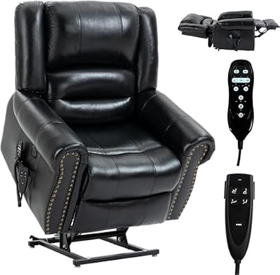UOPYNE Dual Motor Power Lift Recliner Chair, Lay Flat Electric Sofa, Leather Recliner with Infinite Position, Heated Massage, Remote Control Standing Assistance and USB Ports