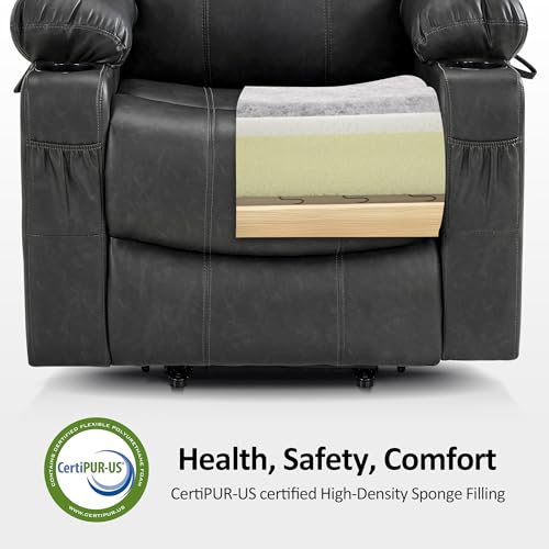 Image of MCombo Electric Power Lift Recliner Chair Sofa with Massage and Heat for Elderly, 3 Positions, 2 Side Pockets, and Cup Holders, USB Ports, Faux Leather 7040 (Grey, Medium)