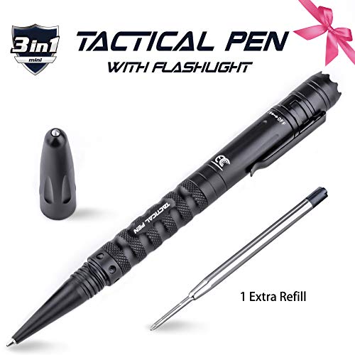 Tactical Pen with Flashlight, Led Flashlight with AAA Battery, Ballpoint Pen, Glass Breaker for Self