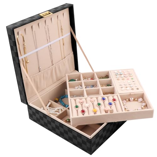 Homeanda Organizador grande para joyas, estuche de almacenamiento de 2 capas con separadores extraíbles, perfecto para aretes, pulseras, anillos y collares, cajas de joyería para mujeres y niñas