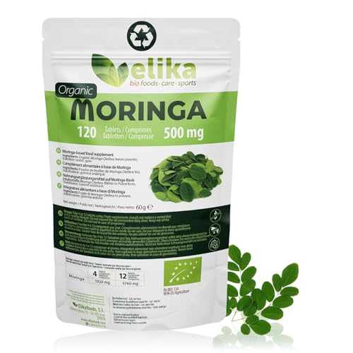 Moringa Oleifera Elikafoods® ORGÁNICA. 120 comprimidos 500 mg. Superfood natural: Vitaminas, proteínas, minerales, antioxidantes. Energizante natural. Vegana, sin gluten y libre de aditivos.