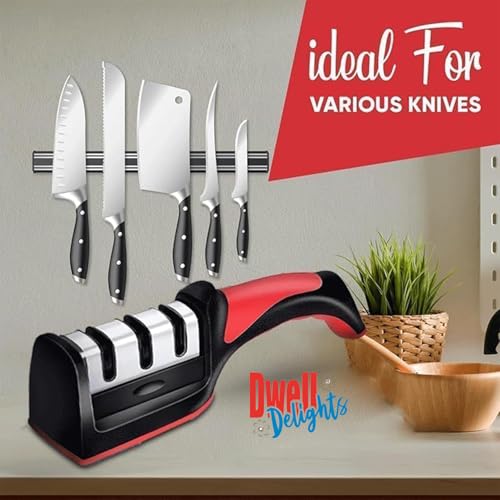 Image of Manual Knife Sharpener Tool with 3-Stage System | Kitchen Knife Sharpener for Home Use | Blade Sharpener for Steel & Ceramic | Ultra Strong Safe & Easy Knife Sharpner Machine Top Grain