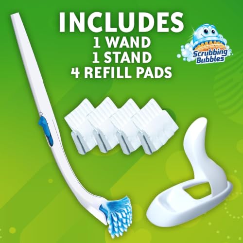 Image of Scrubbing Bubbles Toilet Bowl Brush and Holder with Cleaner Refill Pads, Fresh Brush Toilet Wand Starter Kit, Cleans Limescale & Fights Odors, Citrus Scent, 1 Wand + 4 Refills + 1 Stand (Pack of 4)