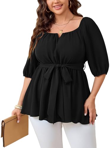 Women's Plus Size Square Neck Peplum Blouses Dressy Tops 3/4 Puff Sleeve Empire Waist Tie Ruffle Hem Babydoll Top