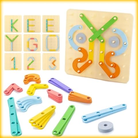 Keeygo Montessori Toys, Puzzles Letter and Number Shapes Construction Toys, 35 PCs Wooden Parts for Educational Preschool Color Activity Board Set, Recognition Learning Birthday Toys Set for Toddlers Cover
