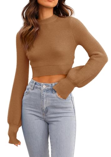 Image of Womens Sexy Crew Neck Cropped Sweaters Knit Long Sleeve Crop Tops Pullover | Ribbed Knit, Long Sleeve, Crop Tops, Pullover,Crew Neck