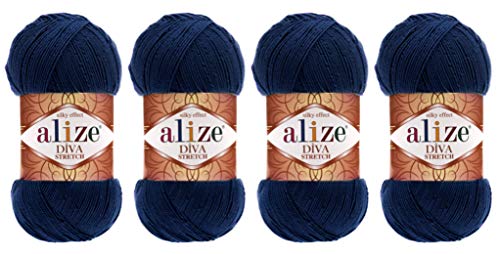 92% Microfiber Acrylic, 8% Pbt Elastic Stretch Yarn Alize Diva Stretch Thread Crochet Hand Knitting Turkish Yarn Lot Of 4Skn 400Gr 1752Yds (361- Navy Blue) #TOP20
