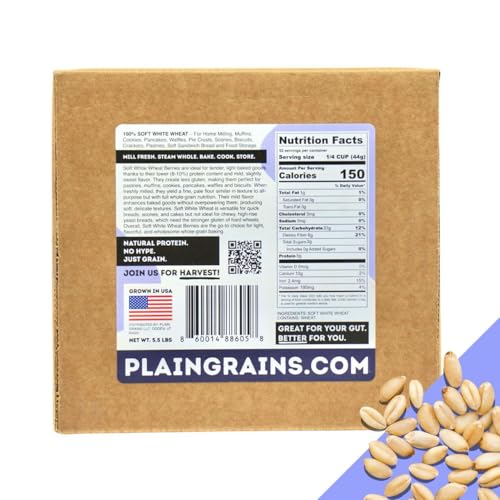 PlainGrains. The Natural Way | 5.5 LB Dry Soft White Wheat Berries | 9% Protein by Volume | Uncooked, Unground, Whole Grain | Single Box