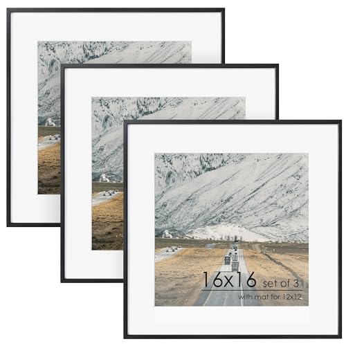 Flyjoe METAL PICTURE FRAME 16X16 Metal Square Picture Frame For Wall With Mat For 12X12, 16''X16'' Aluminum Photo Frames With Tempered Glass, Minimalist Modern Poster Frame Horizontally Vertically Set Of 3 cover