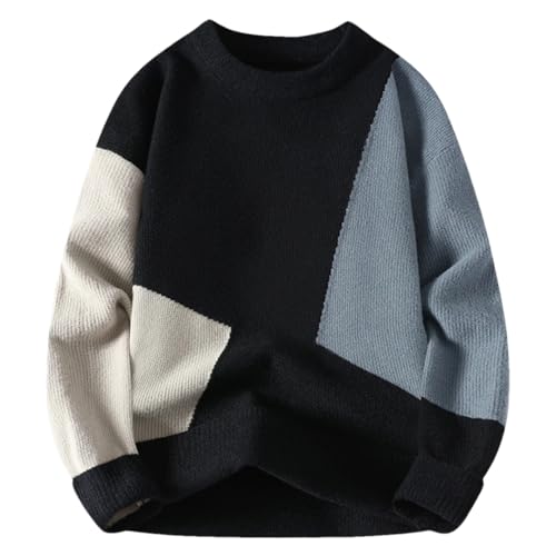 Men’S Japanese Style Patchwork Knit Pullover Round Neck Long Sleeve Slip-On Casual Splicing Knitted Jumper Tops