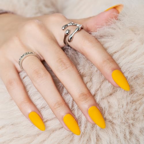 Press On Nails Medium Almond, WOOYAS Yellow Orange Fake Nails Solid Color False Nails, Matte Artificial Yellow Nails Kit with Nail Glue, Reusable Stick On Nails for Women Girls 24Pcs