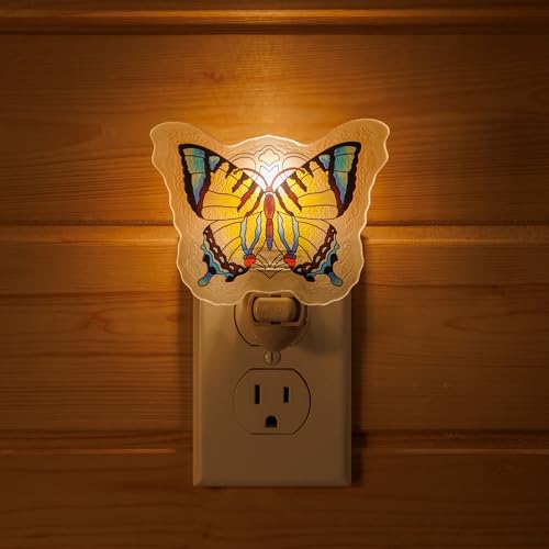 Image of Butterfly Night Light Plug into Wall - Made with Real Glass, Stained Glass Styled Nightlight for Hallway, Nursery, Bedroom, Bathroom, Kitchen, Stairway - Nature Inspired Accent Home Decor-Yellow