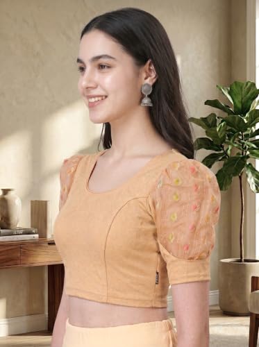 Image of SFT Women's Cotton Lycra Blend Readymade Saree Blouse with Round Neck Half Sleeves Solid Pattern Knit Weave Regular Fit and Pull On Closure