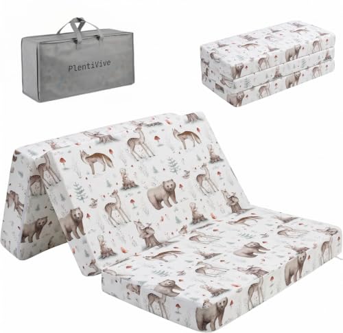 Image of Trifold Pack and Play Mattress 38x26, Dual Sided Foldable Pack N Play Mattress Pad for Baby Toddler, Woodland Playard Playpen Mat, Waterproof Washable Portable Travel Crib Mattress with Carry Bag