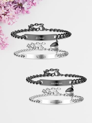 Zysta 2pcs Personalized Name Bar ID Couple Bracelet Stainless Steel Customized Couple Bracelets Mutual Attraction Custom Relationship Bracelet Personalized Jewelry for Men Women Lover3