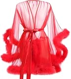Faux Fur Robe For Women Tulle Robe Sexy Robes Fur Trim Dress Fur Tulle Robes for Maternity Photoshoot (US, Alpha, One Size, Regular, Regular, 1, red)