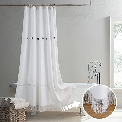 MVSUTA Elorny Button Tassel Farmhouse Boho Hand-Knotted White Fabric Shower Curtains for Bathroom, Modern Decorative Spa Hotel Bathroom Curtains,72" W x 72" L