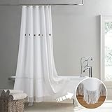 MVSUTA Elorny Button Tassel Farmhouse Boho Hand-Knotted White Fabric Shower Curtains for Bathroom, M