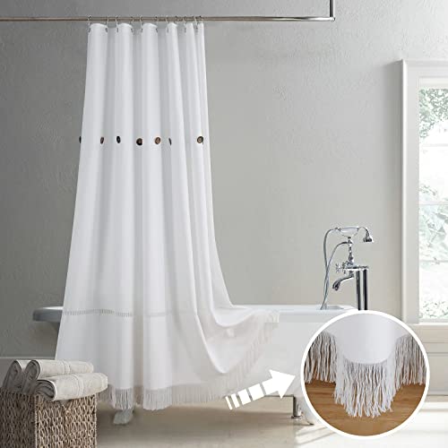 Mvsuta Elorny Button Tassel Farmhouse Boho Hand-Knotted White Fabric Shower Curtains For Bathroom, Modern Decorative Spa Hotel Bathroom Curtains,72" W X 72" L #TOP2