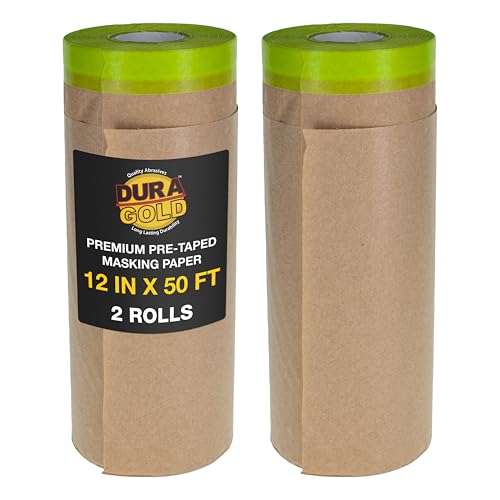 Dura-Gold Pre-Taped Masking Paper for Painting (12 x 50 2 Rolls) - Tape and Drape Painters Paper Protective Covering Overspray Barrier for Home Renovation Projects Walls Doors Furniture Cars