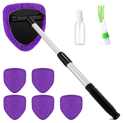 Potchen 8 Pcs Car Windshield Cleaner Tool Kit with Extendable Handle Microfiber Towel Pads Brush Empty Spray Bottle for Auto Glass Wiper Suvs Rvs & Home Windows(Purple)