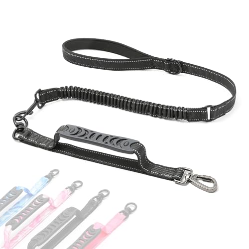 voopet Tactical Dog Leash Heavy Duty, 4FT Shock Absorbing Bungee Dog Leash for Pulling Dogs, Strong No Pull Dog Training Leash with Comfortable Dual Handle for Medium Large Dogs, Black