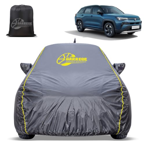 Image of Taffeta Grey Car Cover for Maruti Victoris - Water Resistant, Dust & Sun Protection, All Weather Safety with Light Weight & Stylish Yellow Piping for Indoor Outdoor Parking