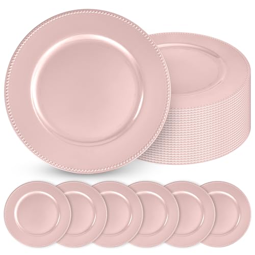 24 Pcs Rose Gold Charger Plates with Beaded 13 Inch Plastic Charger Plates for Dinner Plate, Rose Gold Chargers for Table Setting, Round Chargers Plate for Wedding Party Holiday Event Tabletop Decor