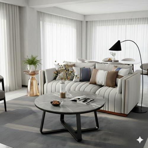 Image of Modern Round Coffee Table with Faux Marble Top and Gold Metal Frame - Contemporary Center Table for Living Room, Small Space Accent Cocktail Table for Apartment (Black & Grey)
