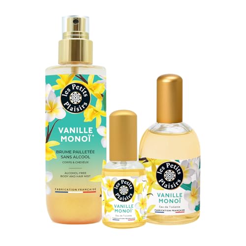 Les Petits Plaisirs – Trio Vanille Monoï - Eau de toilette 110ml + Eau de toilette 30ml + Brume parfumée pailletée 200ml, Exotique, solaire et gourmand, Fabriqué en France, Coffret cadeau femme