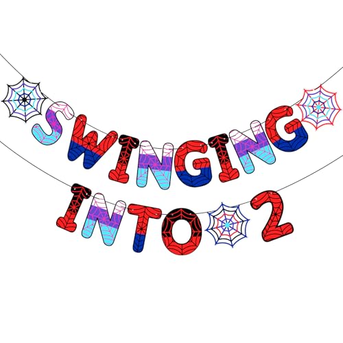 TaoBary Spider Theme 2nd Birthday Banner Swinging into 2,Friends Colors