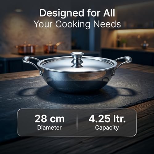 Image of AGARO Regency 28 cm Triply Stainless Steel Kadai with Lid, 4L, Induction & Gas Compatible, Even Heat, Non-Toxic, no Chemical Coating, Dishwasher Safe cookware for Kitchen, Ideal for Frying & Gravy